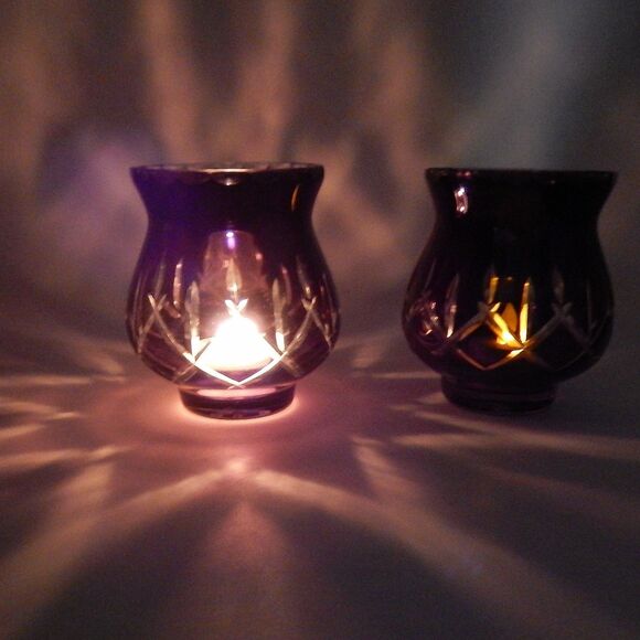 Gorham Crystal Lady Anne Hurricane Candle Holders Amethyst 5 In Cut To Clear/2 - Picture 2 of 9